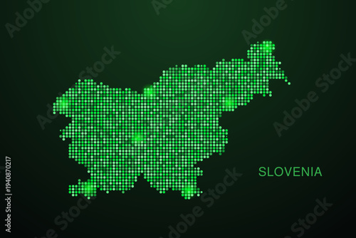 Slovenia Map - Digital dotted map with glowing green points on dark background, modern technology style, abstract data network design, clean minimal geometric vector illustration.