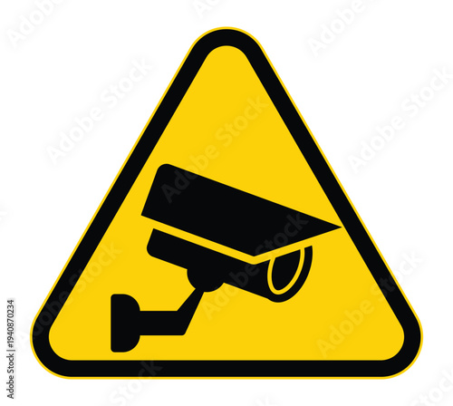 Black CCTV Camera Icon in Yellow Caution Triangle Sign Design