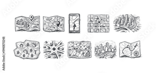 Map navigation flat icon set. travel, location, urban planning icons collection