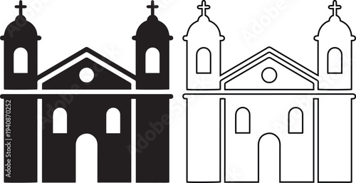 Vector icon set featuring a traditional Christian church building with two towers and crosses in solid black silhouette and linear outline styles for religious and community concepts.