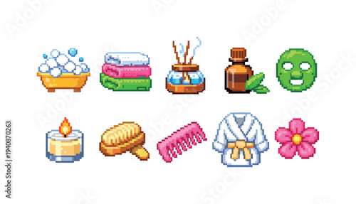 Spa, relaxation pixel icon set. bath, wellness pixel art icons collection