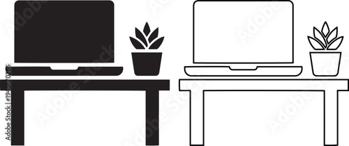 Vector icon set featuring a modern workspace with a laptop and small potted plant on a desk in solid black silhouette and linear outline styles representing a home office and clean desk.