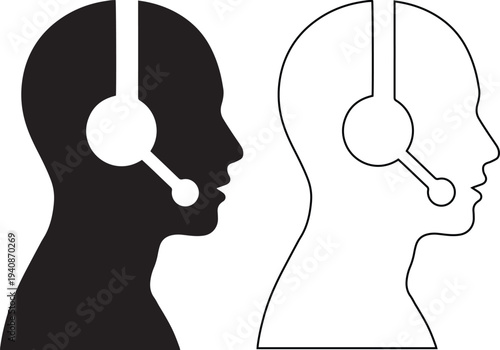 Vector icon set featuring a side profile of a person wearing a headset in solid black silhouette and linear outline styles representing call center support and online telemarketing.