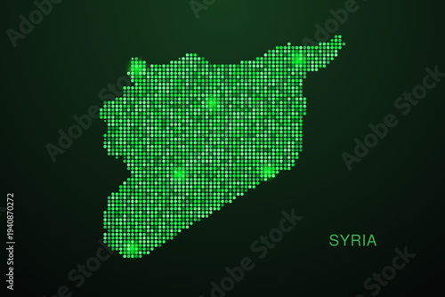 syria Map - Digital dotted map with glowing green points on dark background, modern technology style, abstract data network design, clean minimal geometric vector illustration.
