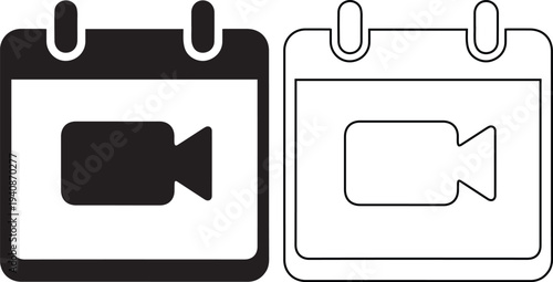 Vector icon set featuring a calendar with a video camera symbol in solid black silhouette and linear outline styles representing scheduled online meetings and video conference events.