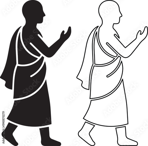 Vector icon set featuring a Muslim man wearing white Ihram clothing in a walking pose in solid black silhouette and linear outline styles for Hajj and Umrah pilgrimage concepts.