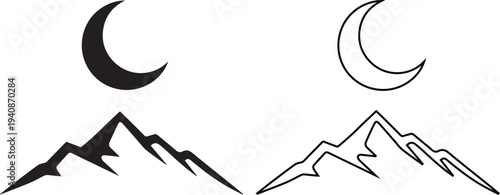 Vector icon set featuring a crescent moon over a mountain peak in solid black silhouette and linear outline styles representing night nature landscapes, evening travel, and outdoors.