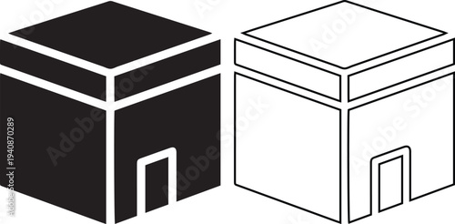 Vector icon set featuring the Holy Kaaba in Mecca in solid black silhouette and linear outline styles representing Islamic pilgrimage, Hajj, Umrah, and Muslim religious architecture.