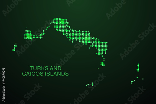 Turks and Caicos Islands Map - Digital dotted map with glowing green points on dark background, modern technology style, abstract data network design, clean minimal geometric vector illustration.