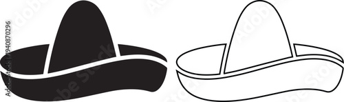 Vector icon set featuring a traditional Mexican sombrero hat in solid black silhouette and linear outline styles representing Mexico culture, fiesta celebrations, and holiday travel.