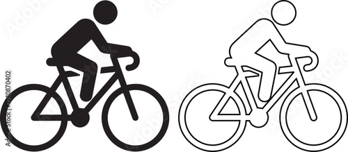 Vector icon set featuring a person riding a bicycle in solid black silhouette and linear outline styles representing healthy active lifestyle, fitness sport, and eco transport.