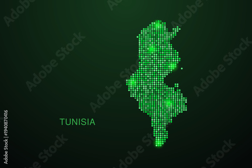 Tunisia Map - Digital dotted map with glowing green points on dark background, modern technology style, abstract data network design, clean minimal geometric vector illustration.