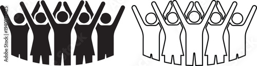 Vector icon set featuring a diverse crowd of people cheering with raised arms in solid black silhouette and linear outline styles for community unity and team success concepts.
