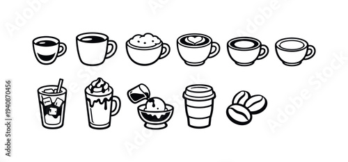 Coffee, beverage outline icon set. cafe, drink, espresso, latte, line art icons collection