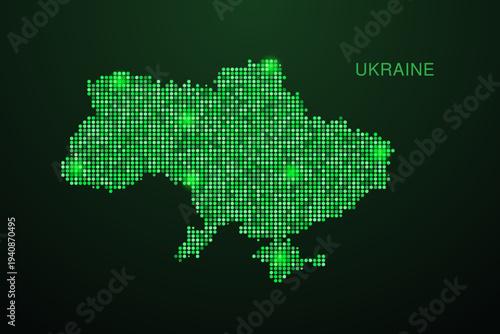 Ukraine Map - Digital dotted map with glowing green points on dark background, modern technology style, abstract data network design, clean minimal geometric vector illustration.