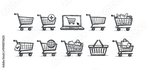 Shopping cart silhouette icon set for e-commerce and retail applications