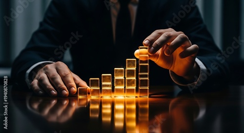 Businessman building success with glowing golden blocks in modern office