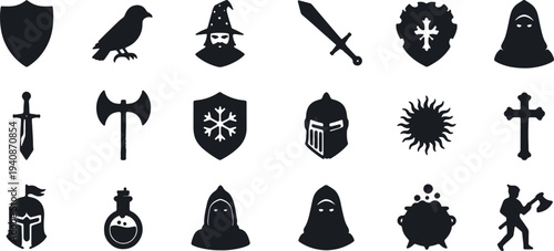 Illustration of set of fantasy rpg game icons and medieval symbols