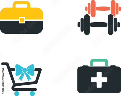 Illustration of set of four black icons including briefcase and dumbbells