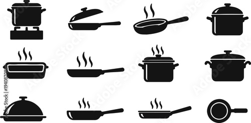 Illustration of set of kitchen cookware and cooking pot icons