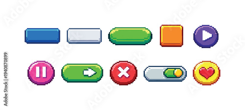 Gaming pixel art icon set. retro, 8-bit, video game buttons in outline style