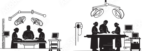 Silhouette of a surgeon with two assistant focused operating poses. Set of 2 operating room doctor and nurse silhouette vector illustrations