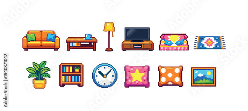 Home decor icon set: pixel art living room icons for interior design projects