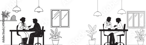 Silhouette illustration showing a doctor in a white coat consulting with a seated patient silhouette at a plain clinic desk vector silhouette