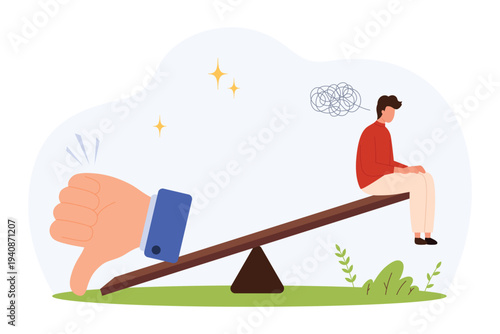 Sad man on seesaw outweighed by large thumbs down symbol, representing emotional effect of criticism, stress, and low self-esteem in modern life, isolated vector illustration