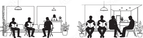 Silhouette of three patient seated in a modern clinic waiting room in various relaxed waiting poses one reading a plain magazine vector silhouette