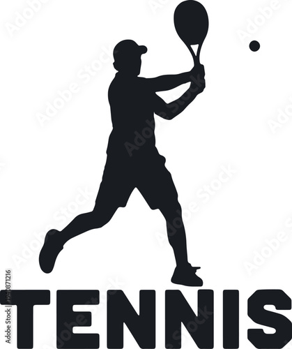 Illustration of tennis player silhouette with racket and ball graphic