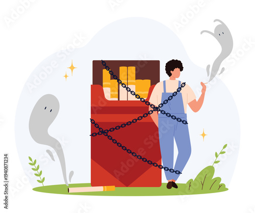 Person standing near chained cigarette pack with ghostly smoke figures symbolizing struggle against nicotine dependence and efforts to quit smoking isolated vector illustration