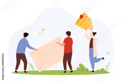 Three characters interact with a huge envelope and a large ringing bell, symbolizing receiving messages, alerts, and communication in a modern flat style isolated vector illustration
