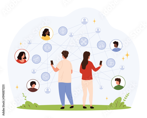 Two people using smartphones surrounded by digital avatars, icons, and network lines representing online communication, social interaction, and virtual relationships isolated vector illustration