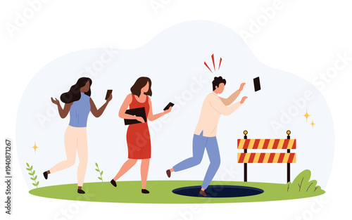 Three people walking while using smartphones, one falling into a hole, highlighting risks of phone addiction and lack of awareness in daily life isolated vector illustration