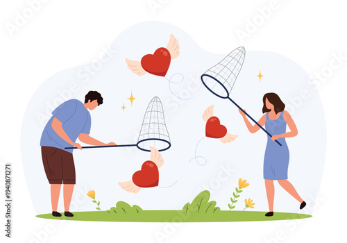 Couple of tiny people chasing flying hearts with nets, romantic relationship metaphor, dating, search for love, flat cartoon style, isolated on white background vector illustration