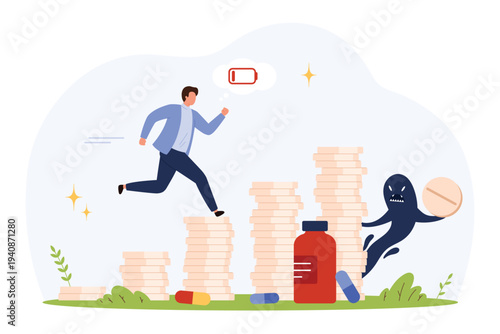 Man running on pill stacks chased by dark figure, symbolizing drug abuse and addiction challenges, isolated on white background vector illustration