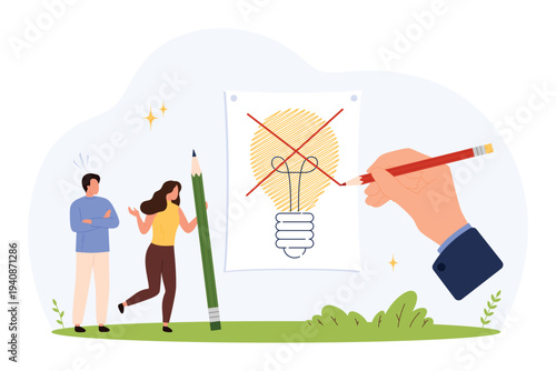 Business people facing rejected lightbulb idea, large hand crossing out creative concept, teamwork and disappointment, flat style, isolated vector illustration