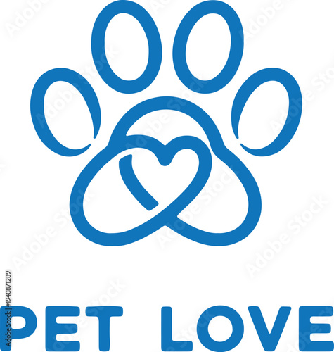 Illustration of pet love logo with paw print and heart icon