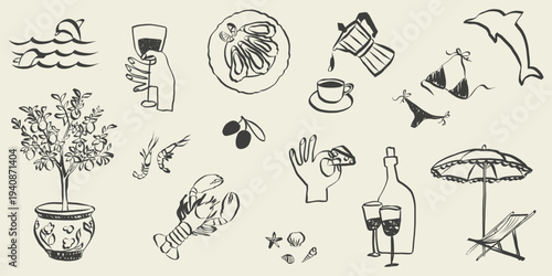Hand drawn whimsical summer sketch collection. Italian Amalfi doodles in simple crayon style. Vintage holiday and vacation symbols. Mediterranean vector illustration