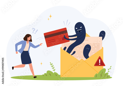 Businesswoman chased by dark figures from email envelope stealing credit card, symbolizing online fraud, cybercrime, identity theft, digital security threats, flat isolated vector illustration