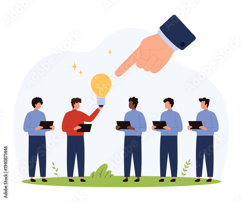 Business team standing in line, one person holding glowing lightbulb, large hand pointing at standout employee, symbolizing recognition, innovation, leadership isolated vector illustration