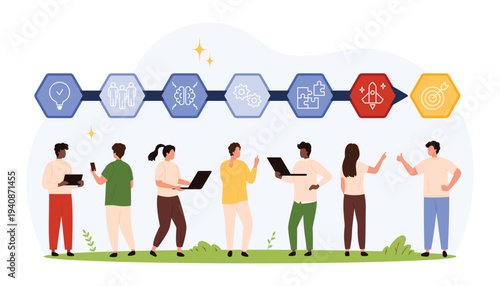 Diverse team collaborating on startup project stages with flat icons showing idea, teamwork, planning, development, launch, and goal achievement isolated vector illustration