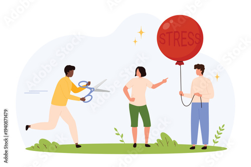 Three people interact with a large red balloon labeled stress, one preparing to cut the string, symbolizing teamwork and emotional support in stress relief isolated vector illustration