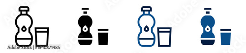 Iconos de hidratación. Botella y vaso de agua, consumo saludable, bienestar corporal, hidratación diaria, cuidado de salud. Ilustración vectorial