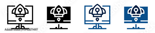 Iconos de lanzamiento digital. Monitor con cohete, inicio de proyecto tecnológico, lanzamiento de plataforma, innovación online, desarrollo digital. Ilustración vectorial