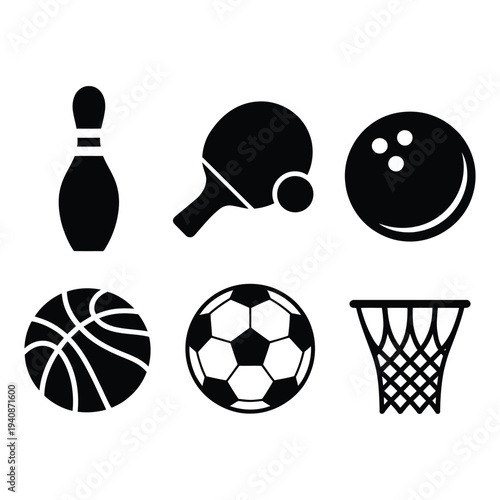 Collection of Classic Sports Equipment and Recreation Game Glyph Icons