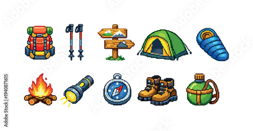 Camping adventure icon set in pixel style: tools, equipment, travel essentials