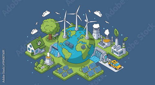Set of isometric eco-friendly industry icons vector, environmental sustainability symbols
