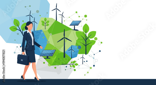 Eco friendly businesswoman, sustainable energy, green environment, wind turbines, solar panel